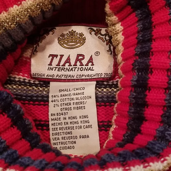 Tiara International red, blue, white striped sweater with some gold threading S - Picture 6 of 8